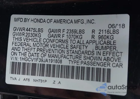 2018 Honda Accord Sport from USA, damaged, VIN 1HGCV1F39JA191808